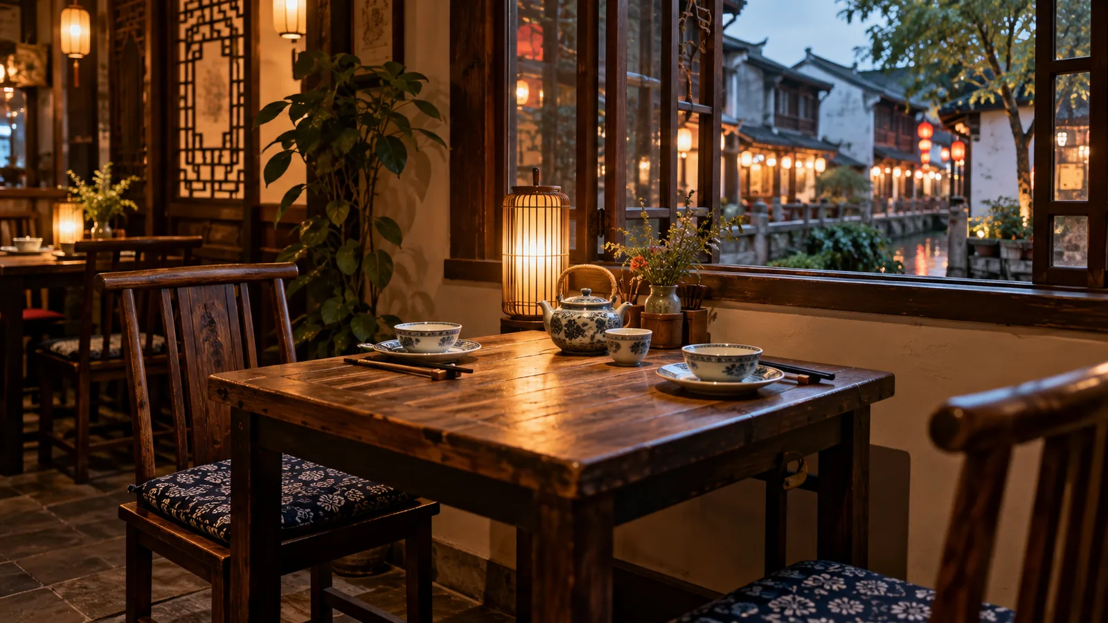 An empty Chinese restaurant table set with bowls, chopsticks and a teapot beside a window