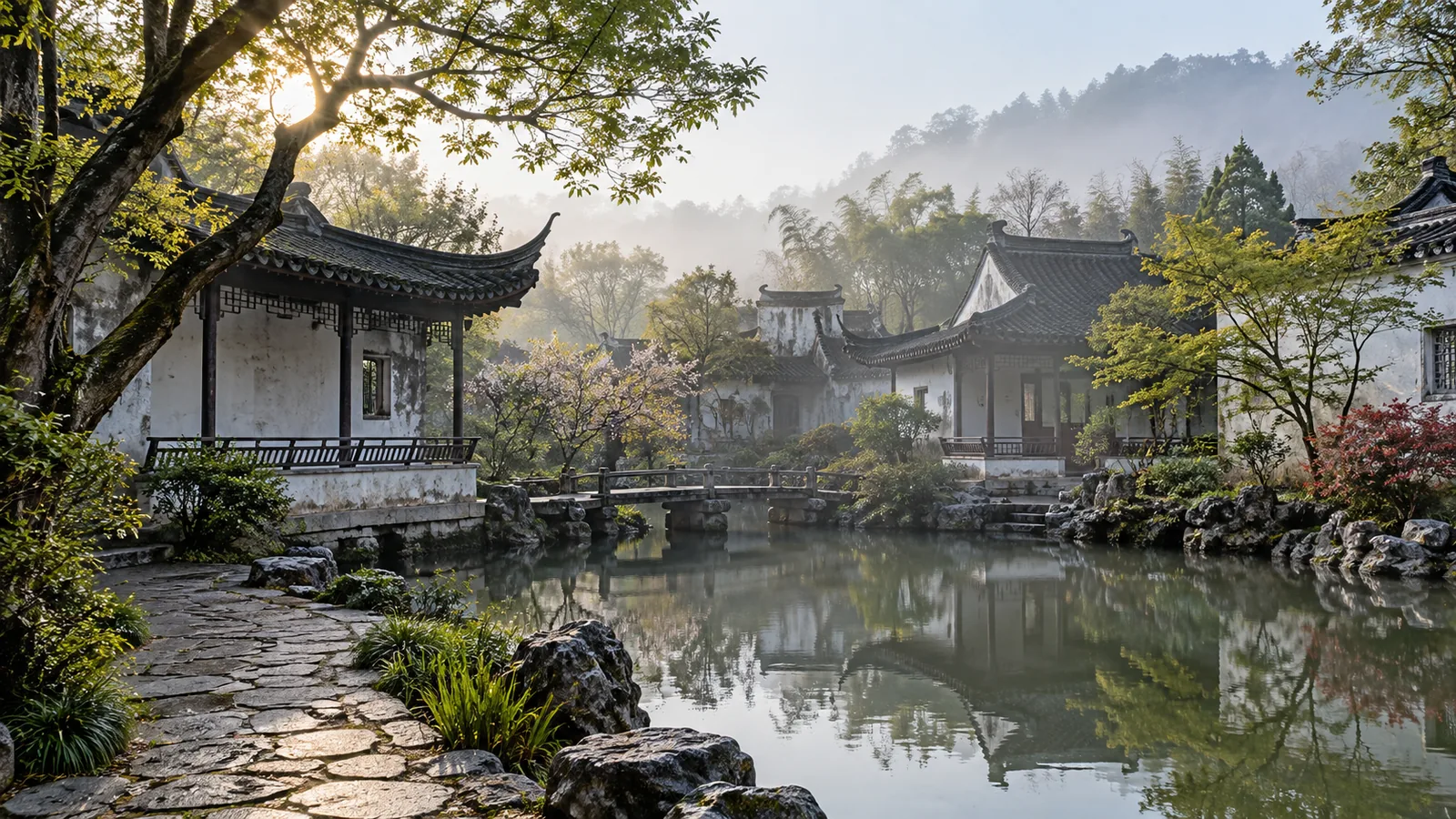 A quiet traditional Chinese garden with white walls, tiled roofs and trees reflected in a pond in soft morning light