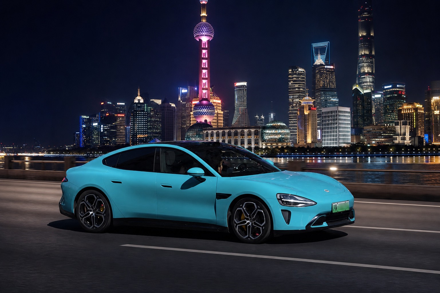 Complete electric car beside Shanghai’s skyline
