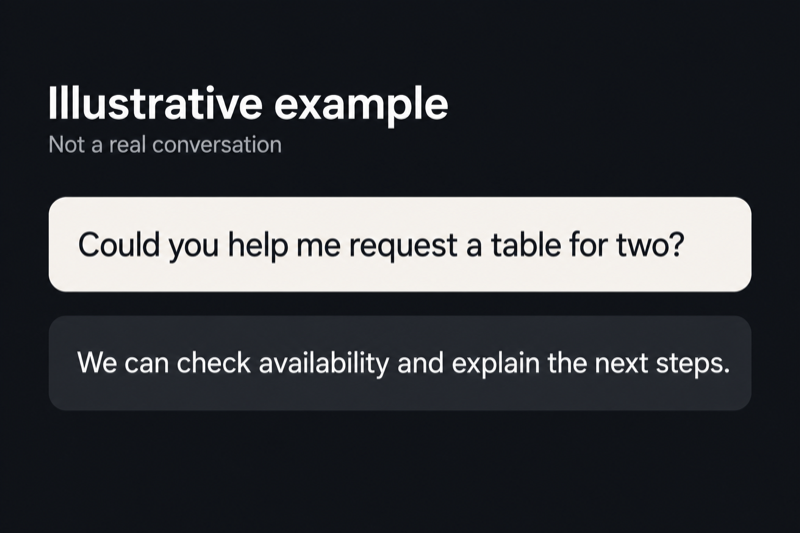 Illustrative example, not a real conversation: Could you help me request a table for two? We can check availability and explain the next steps.